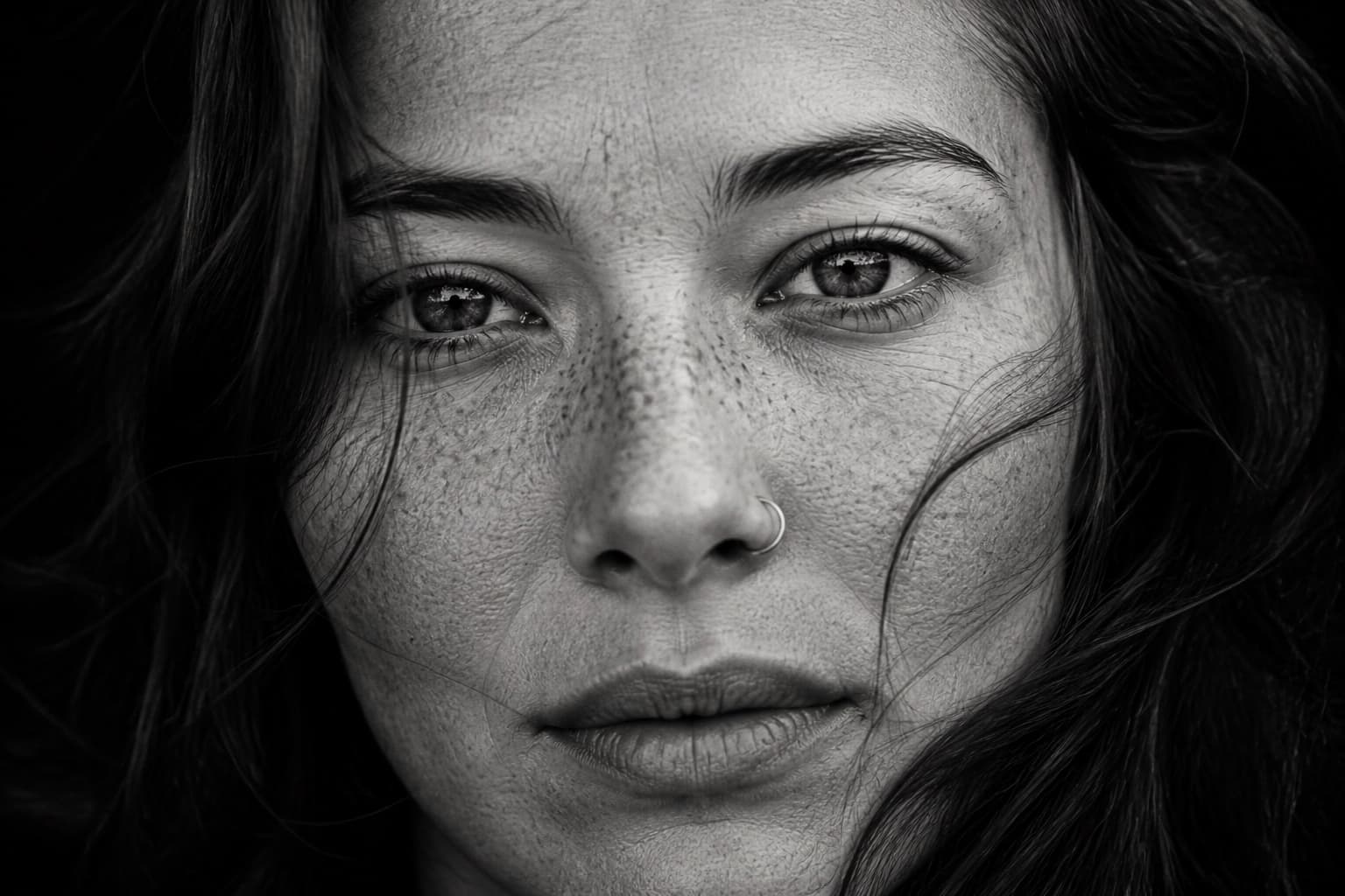 Close black-and-white portrait of Maya looking directly at the camera